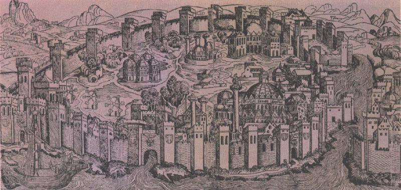 unknow artist den har kartan fran 1493 forestaller konstantinopel med hagia sofia kristenhetens mest beromda kyka till hoger. Spain oil painting art